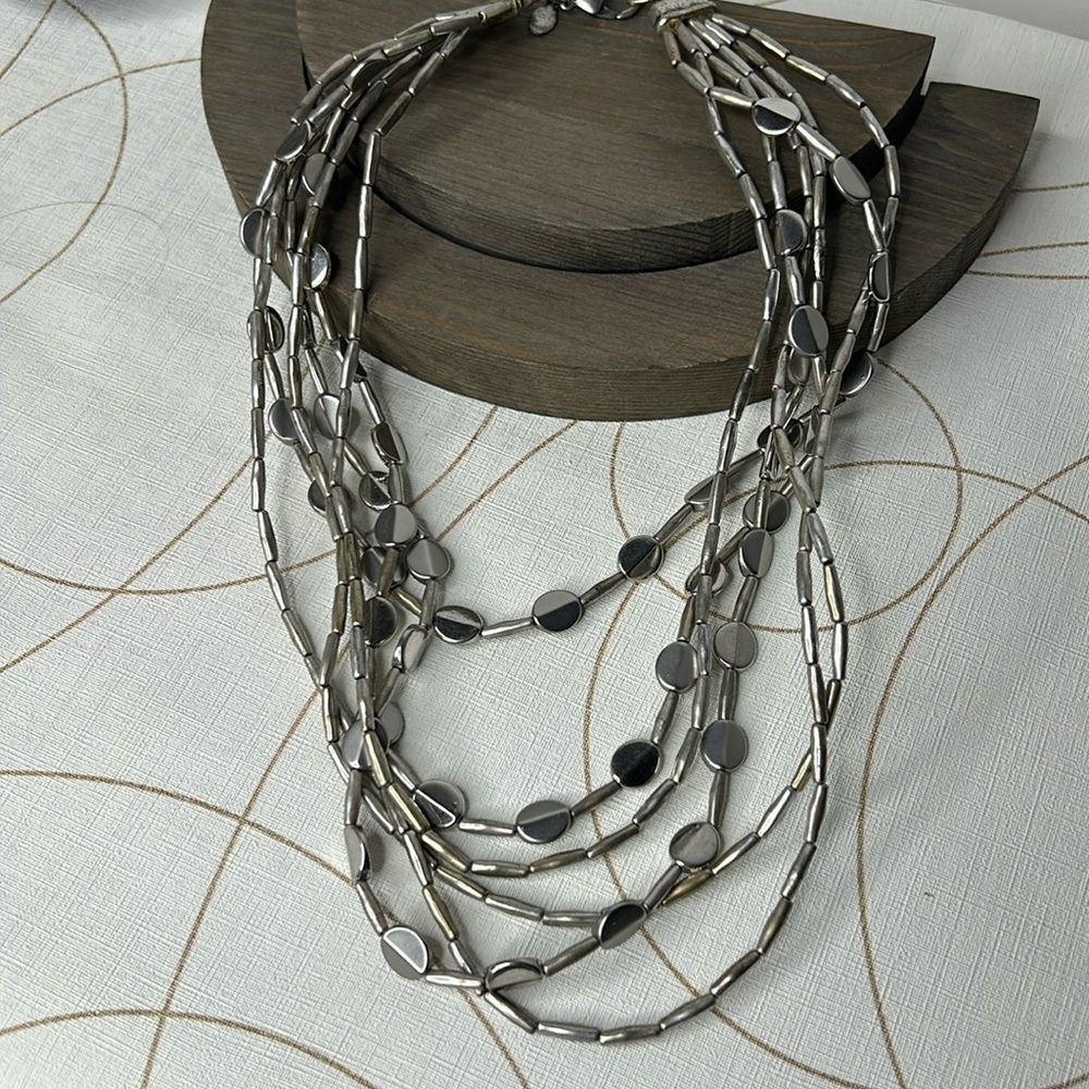 Vintage Signed CHICO'S Silver tone Polished Disk 19" 6 Strands Necklace